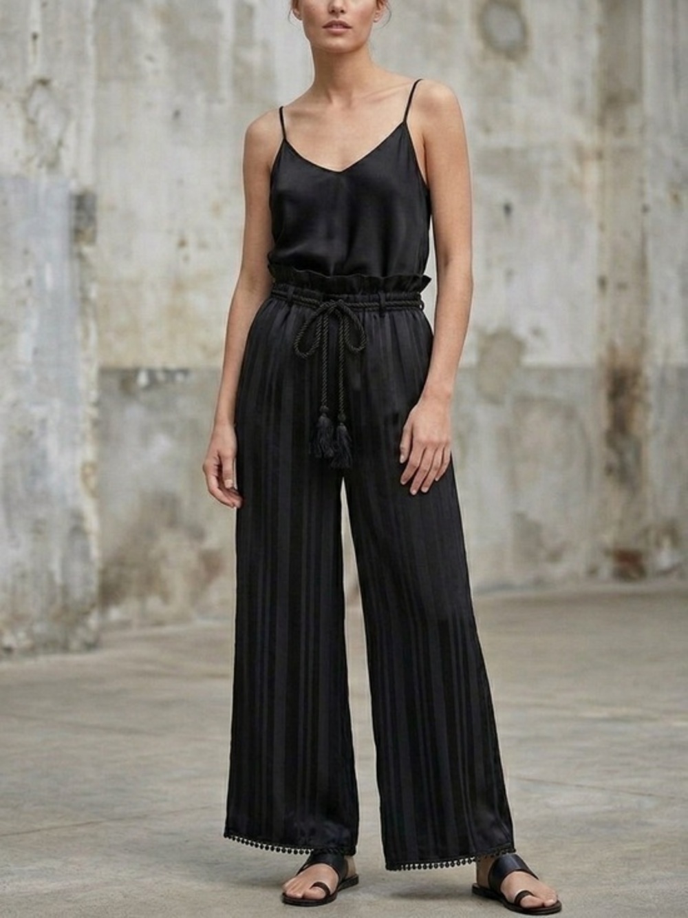 Zara Black Shadow Stripe Wide Leg Pants Viscose Rope Tie Fringe Hem Womens XS